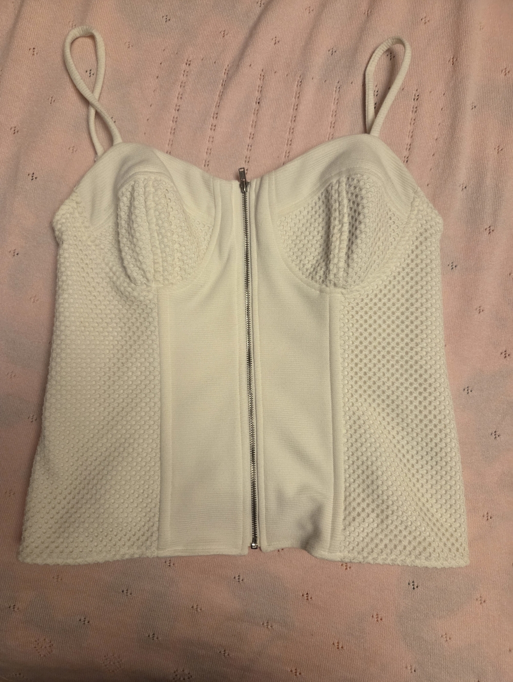 Allen B Sz Medium White Textured Strapless Bustier Top with Front Zip